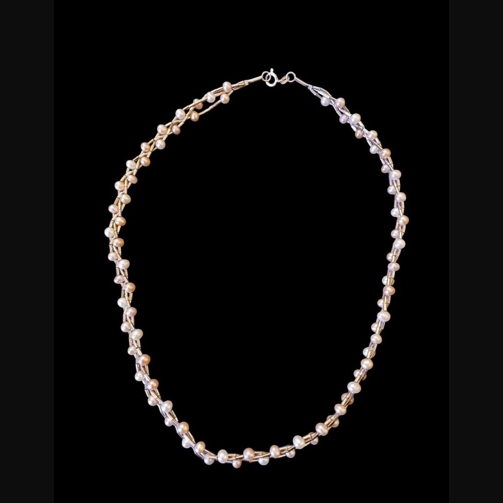 925 Sterling Pink White Natural Pearl Braided Liquid Silver 16.75" Necklace
